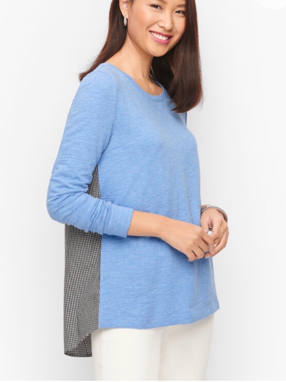 Talbots Blue Woven Back Gingham Accent Pullover Long Sleeve Cotton Top